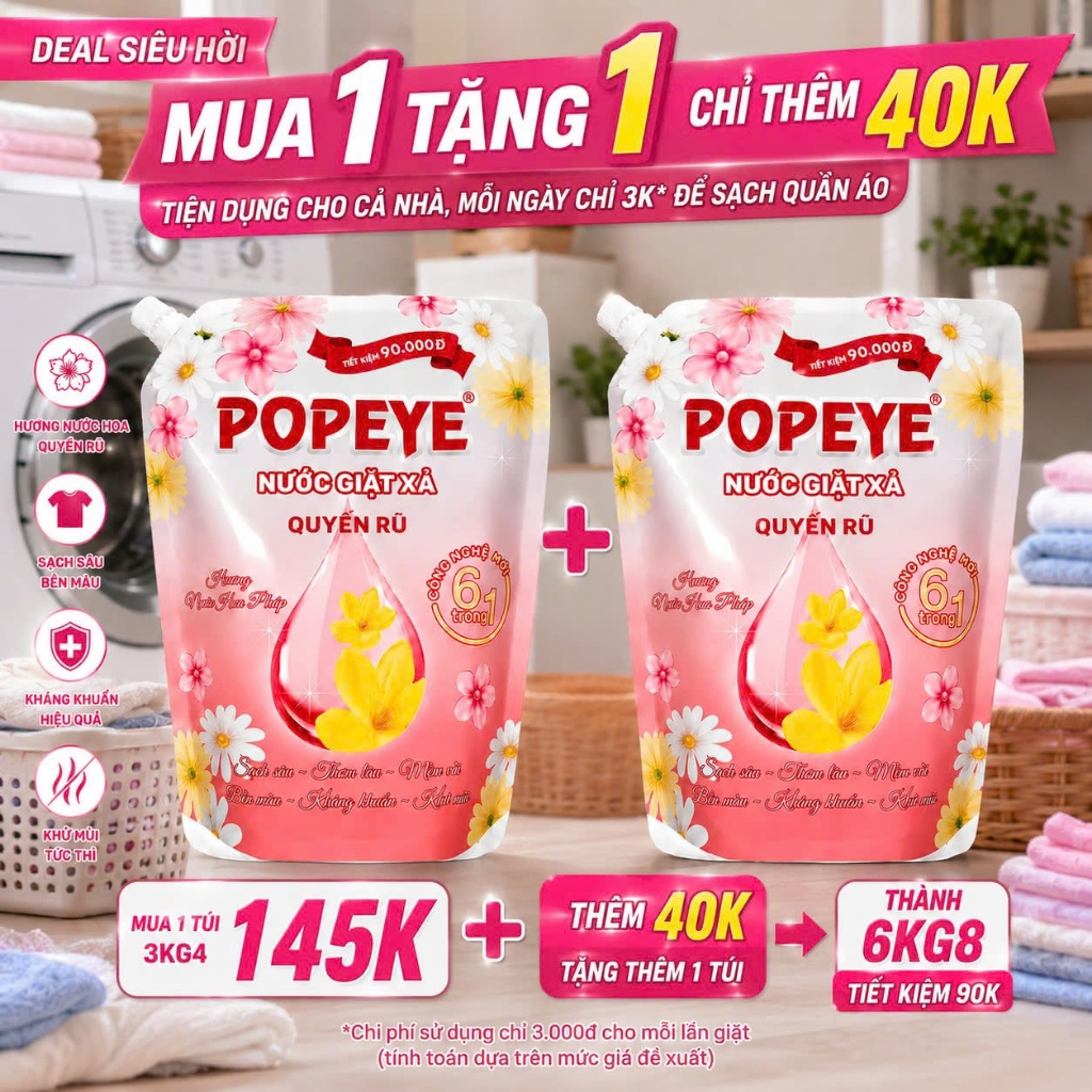[Combo 2 Túi] Nước Giặt Xả POPEYE 6KG6 - Lưu Hương Bền Màu