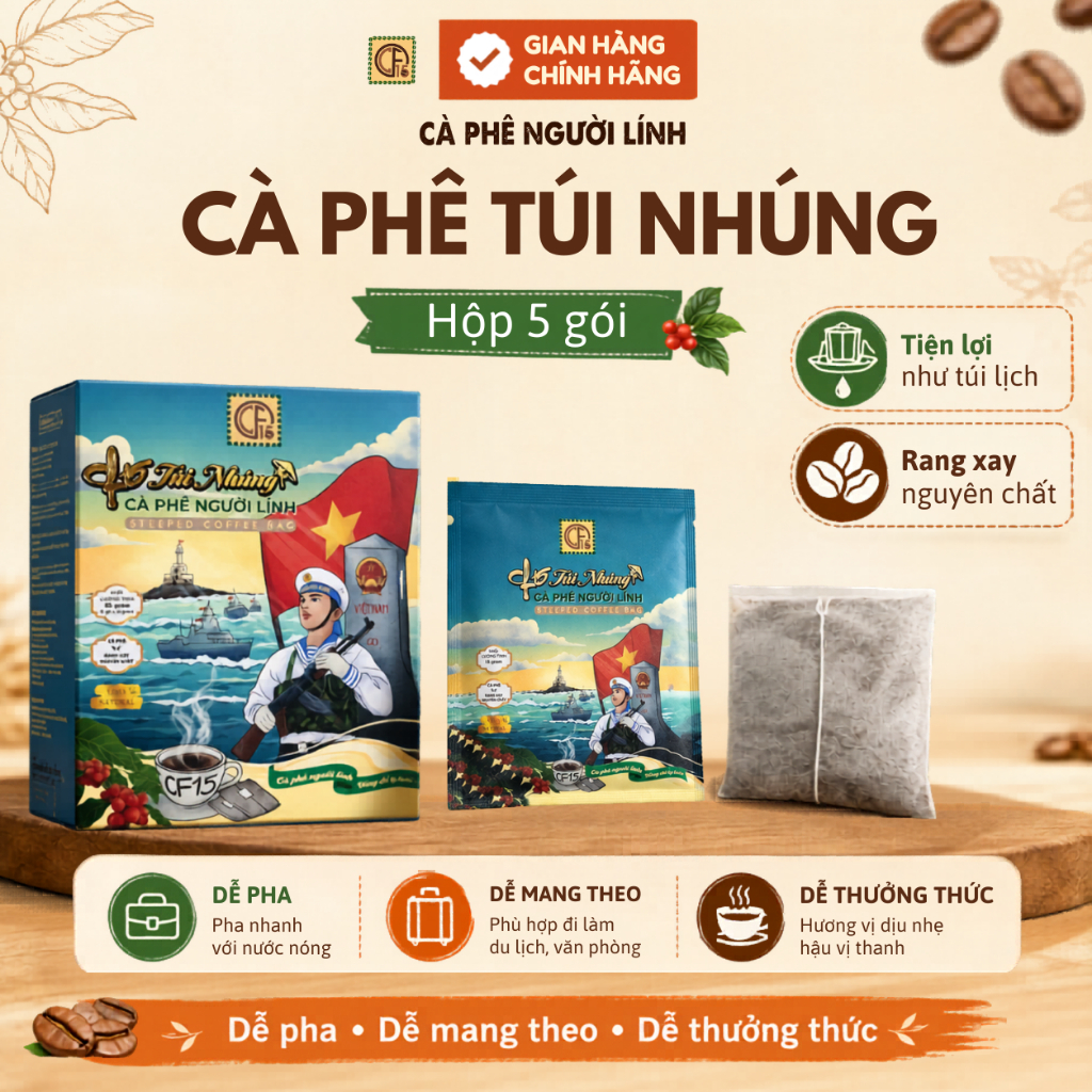 Cà Phê CF15 Túi Nhúng Robusta Nguyên Chất Cà Phê Người Lính - Hộp 5 Gói