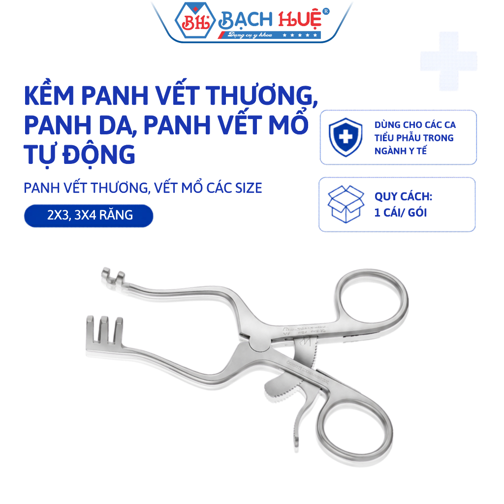 Kềm Panh Banh Vết Thương Tự Động 3x4 Răng Inox – Panh Phẫu Thuật, Banh Da Cố Định Vết Mổ Chuẩn Y Tế