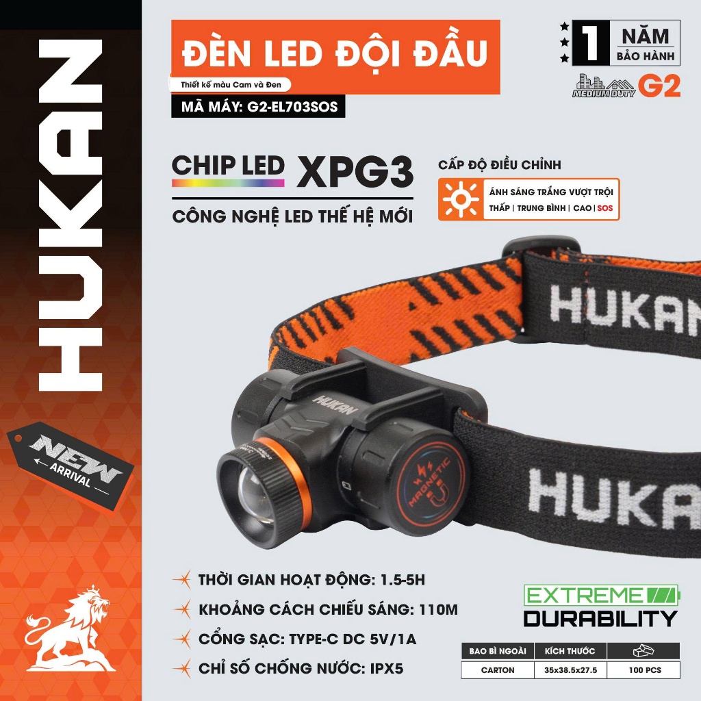 Đèn Pin Đội Đầu HUKAN G2-EL703SOS |Chip LED XPG3 Siêu Sáng - 110M - Sạc Type-C |Chống Nước IPX5 |Có SOS |Chính Hãng