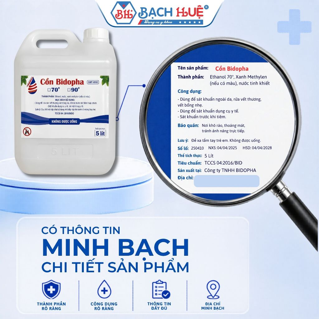 Cồn 70 độ và Cồn 90 độ  Bidopha Can 5 Lít – dung dịch diệt khuẩn thiết bị y tế và gia đình