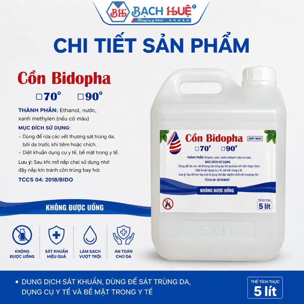 Cồn 70 độ và Cồn 90 độ  Bidopha Can 5 Lít – dung dịch diệt khuẩn thiết bị y tế và gia đình