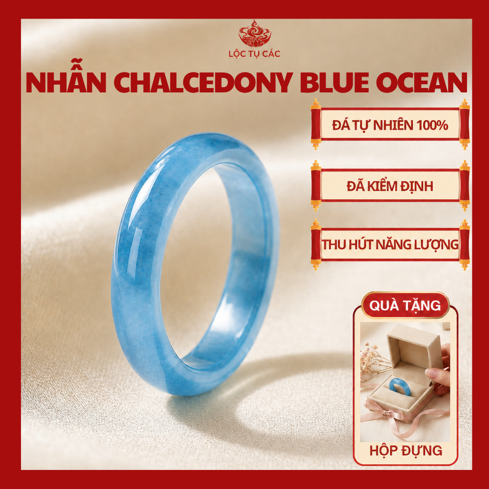 Nhẫn đá thạch anh Chalcedony phong thủy Lộc Tụ Các Ocean Blue chất băng - Khởi quang tinh xảo thu hút năng lượng
