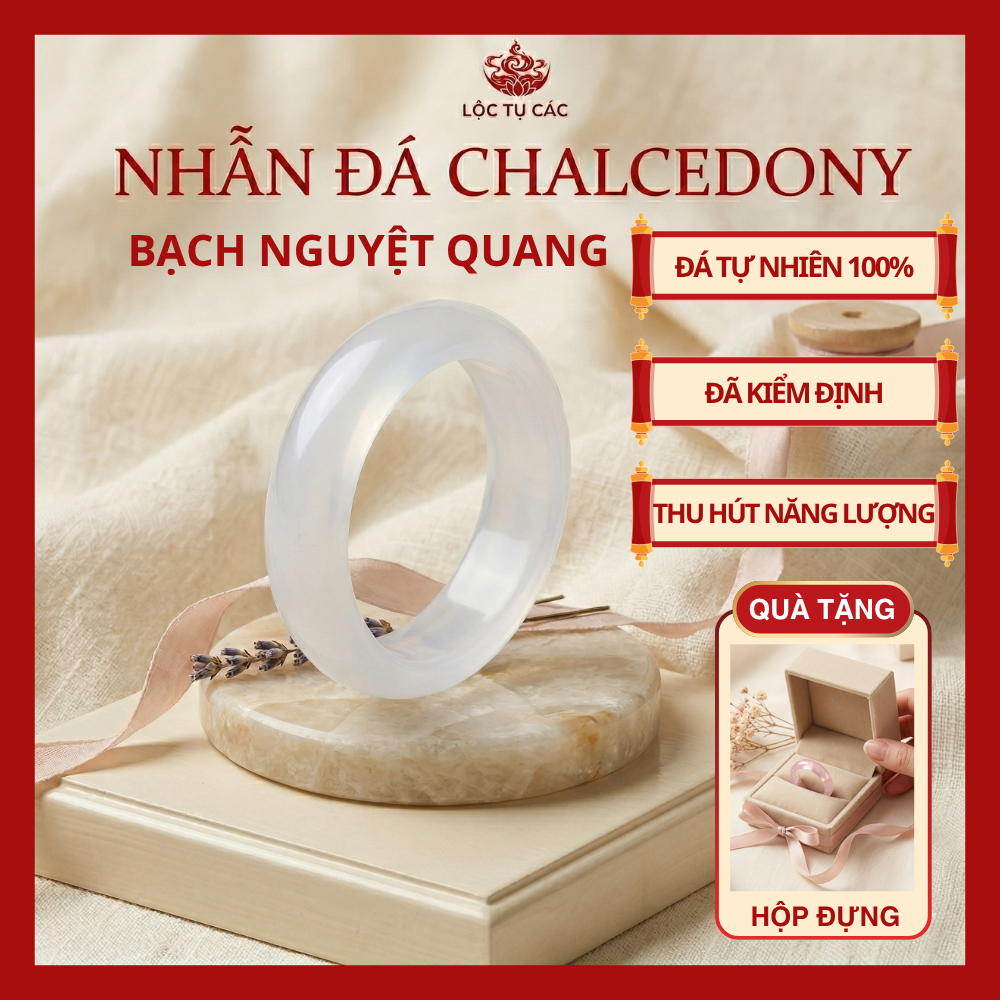 Nhẫn đá thạch anh phong thủy Lộc Tụ Các trắng mắt mèo tinh xảo thu hút năng lượng mang lại may mắn