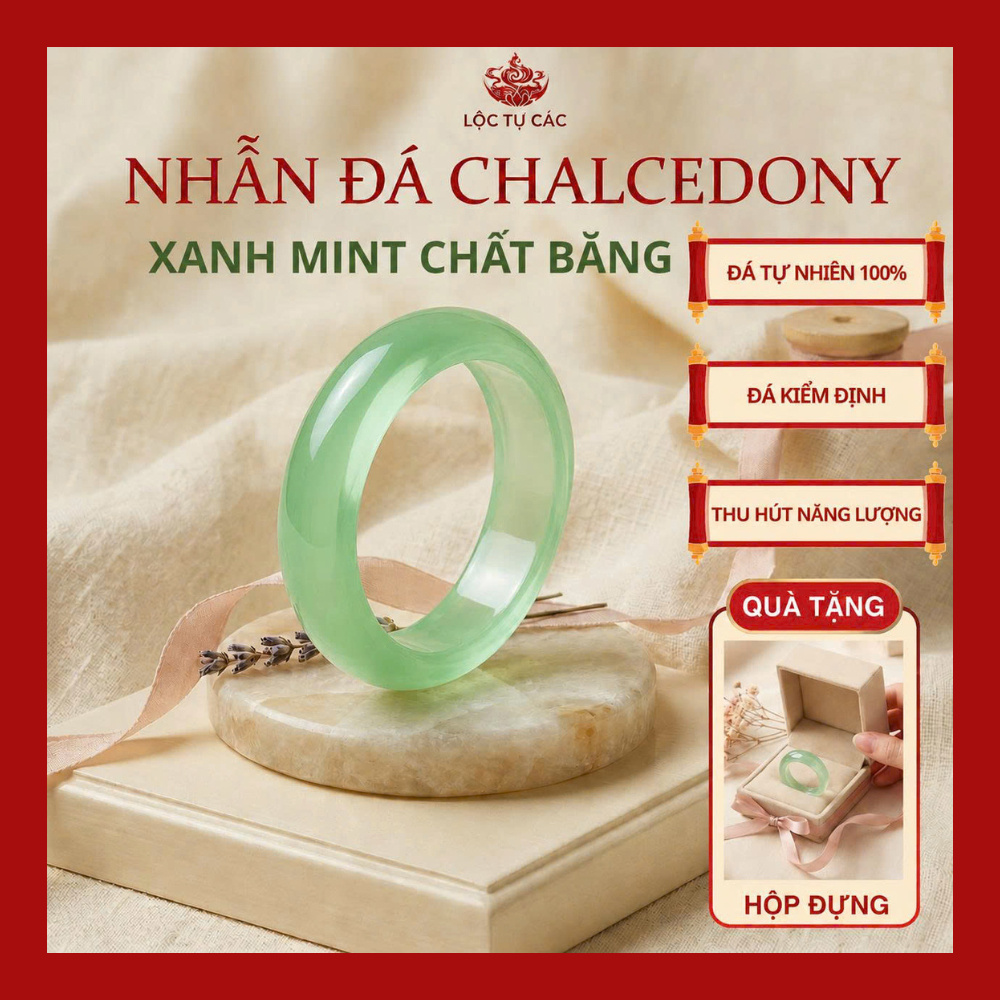 Nhẫn Đá Khổi Gems Chalcedony màu Xanh Mint Chất Băng - Khởi Quang tinh xảo thu hút năng lượng XM002
