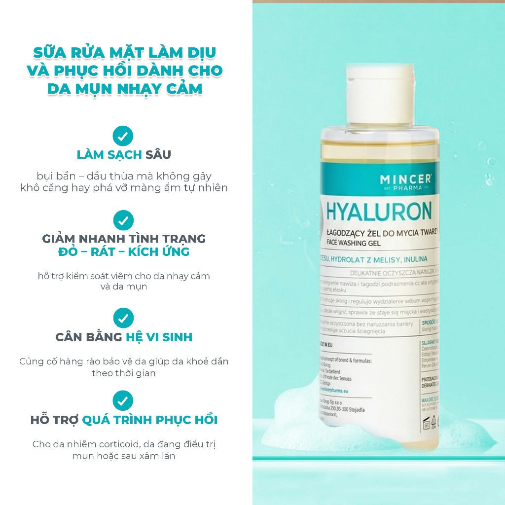 Sữa Rửa Mặt Chăm Sóc Chuyên Sâu Da Mụn & Tổn Thương Mincer Pharma Hyaluron Facial Cleansing Gel 405 200ml