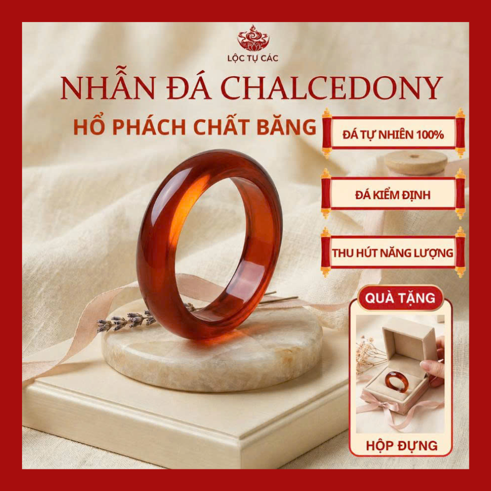 Nhẫn Đá Khối Chalcedony phong thủy Lộc Tụ Các Hổ Phách Chất Băng - Khởi quang tinh xảo thu hút năng lượng HP003