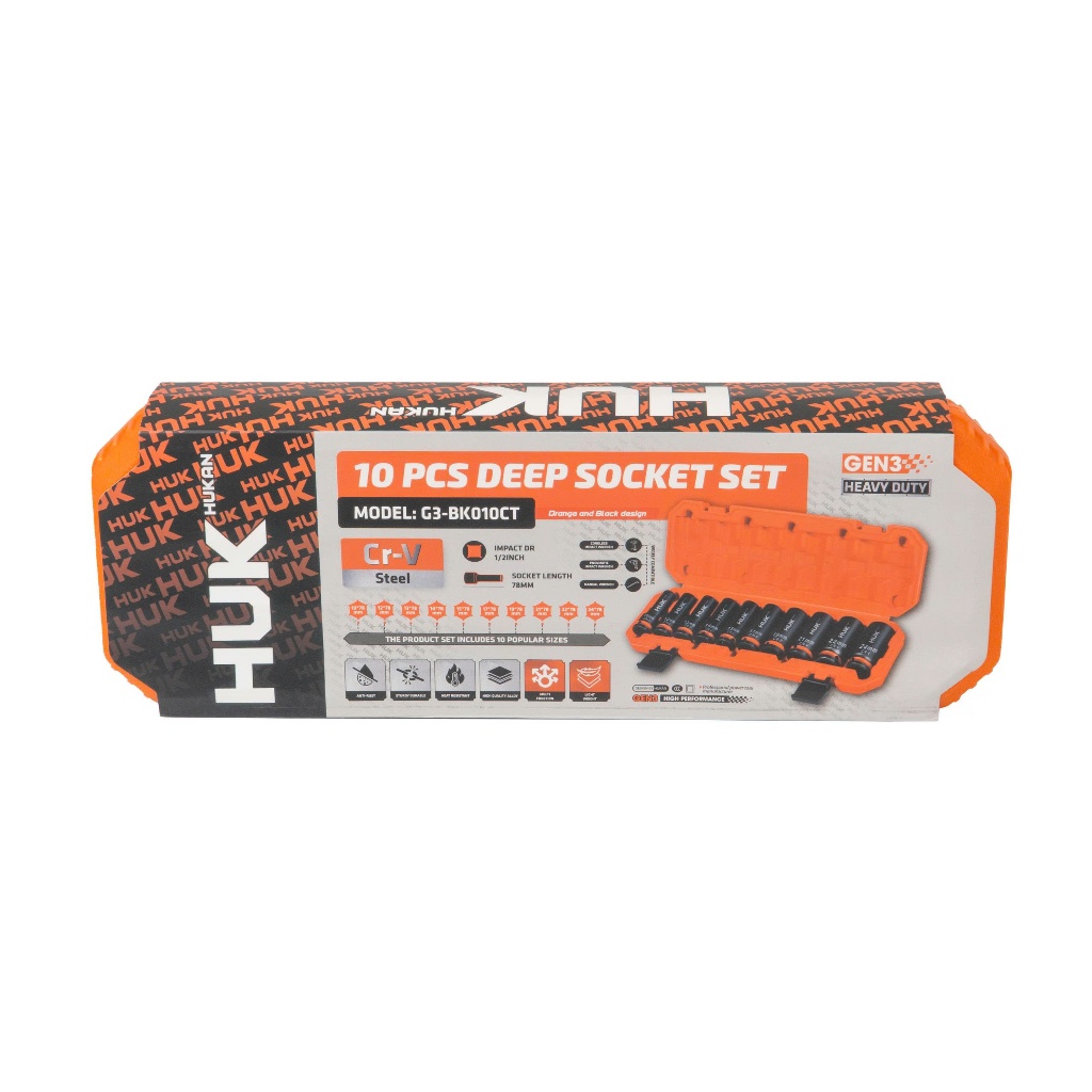 Bộ Đầu Khẩu Siết Bulong HUKAN G3-BK010CT |10 Món Thép CR-V 1/2 Inch Chuyên Dụng Cho Máy Siết Bulong Bền Bỉ