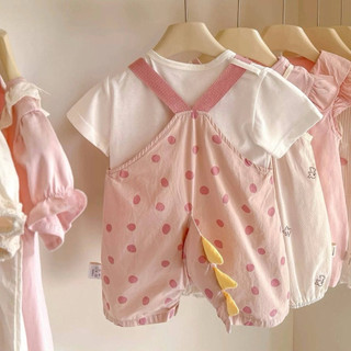 Set áo thun cộc tay + quần yếm chấm bi khủng long cho bé