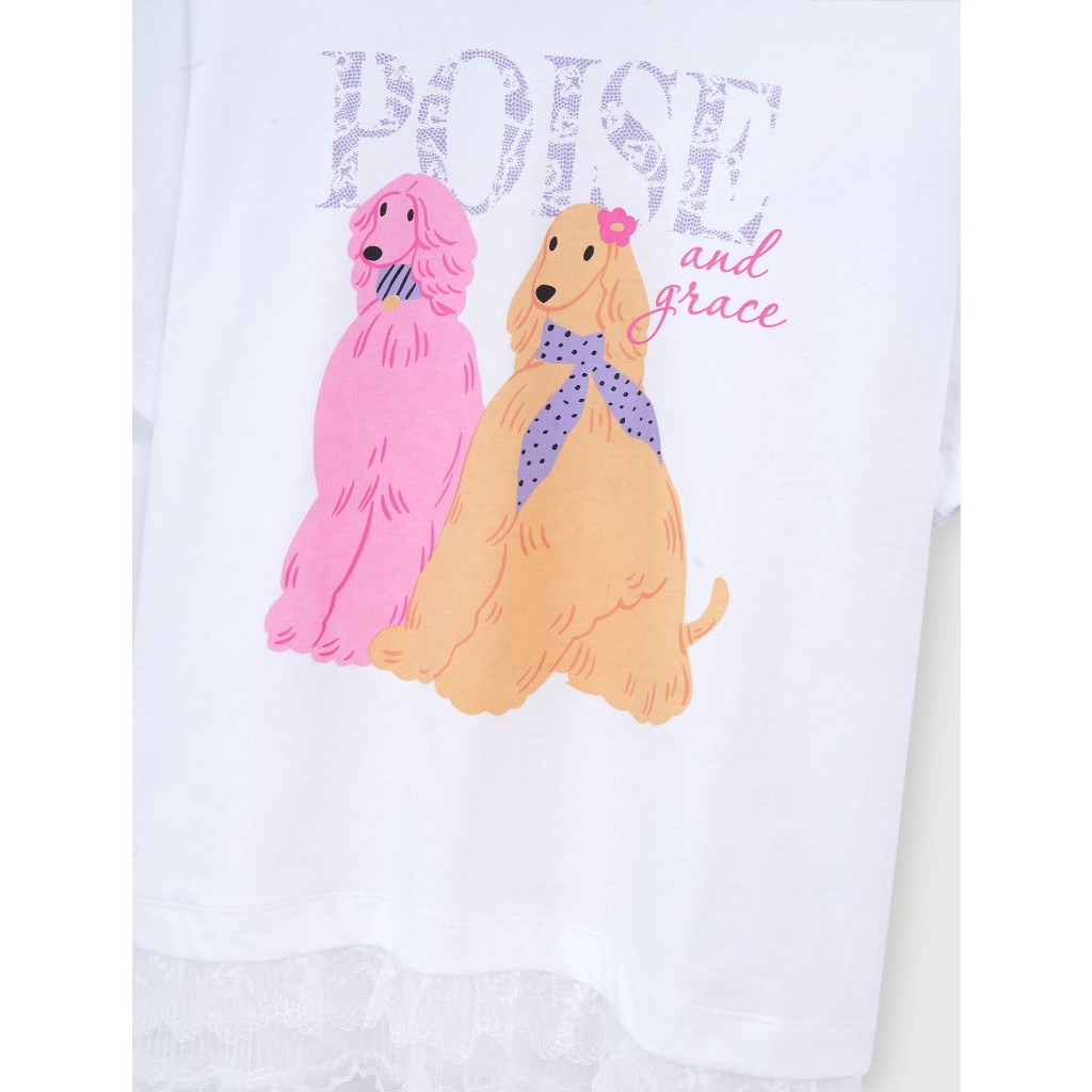 Áo phông bé gái CANIFA áo thun chất cotton USA mềm mát oversize phối ren và nơ 1TS26C001