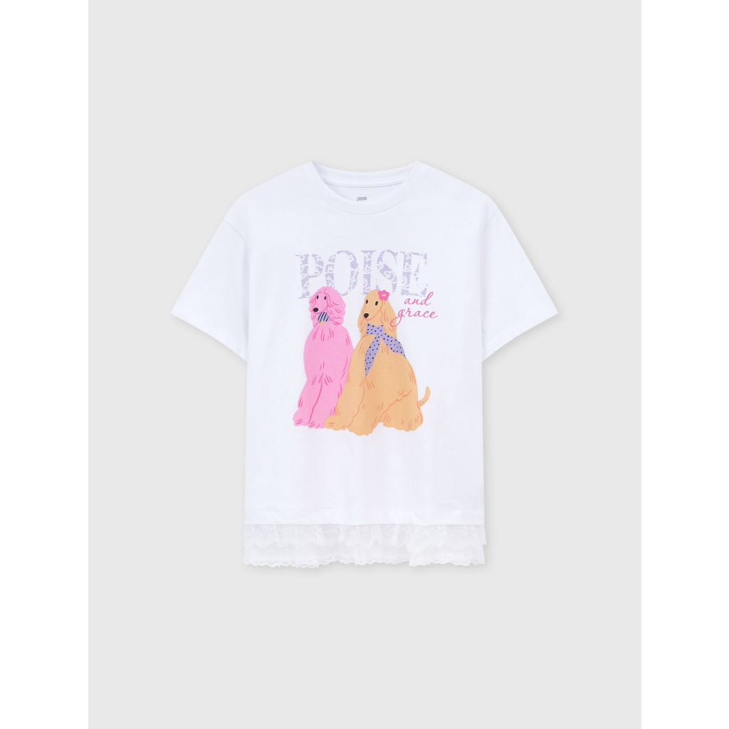 Áo phông bé gái CANIFA áo thun chất cotton USA mềm mát oversize phối ren và nơ 1TS26C001
