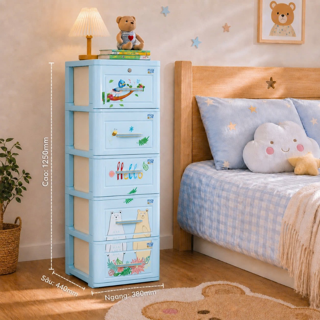Tủ nhựa Lucky 5 tầng QUI PHÚC, tiện lợi, chắc chắn, dễ lắp ráp, phù hợp đựng đồ cho bé