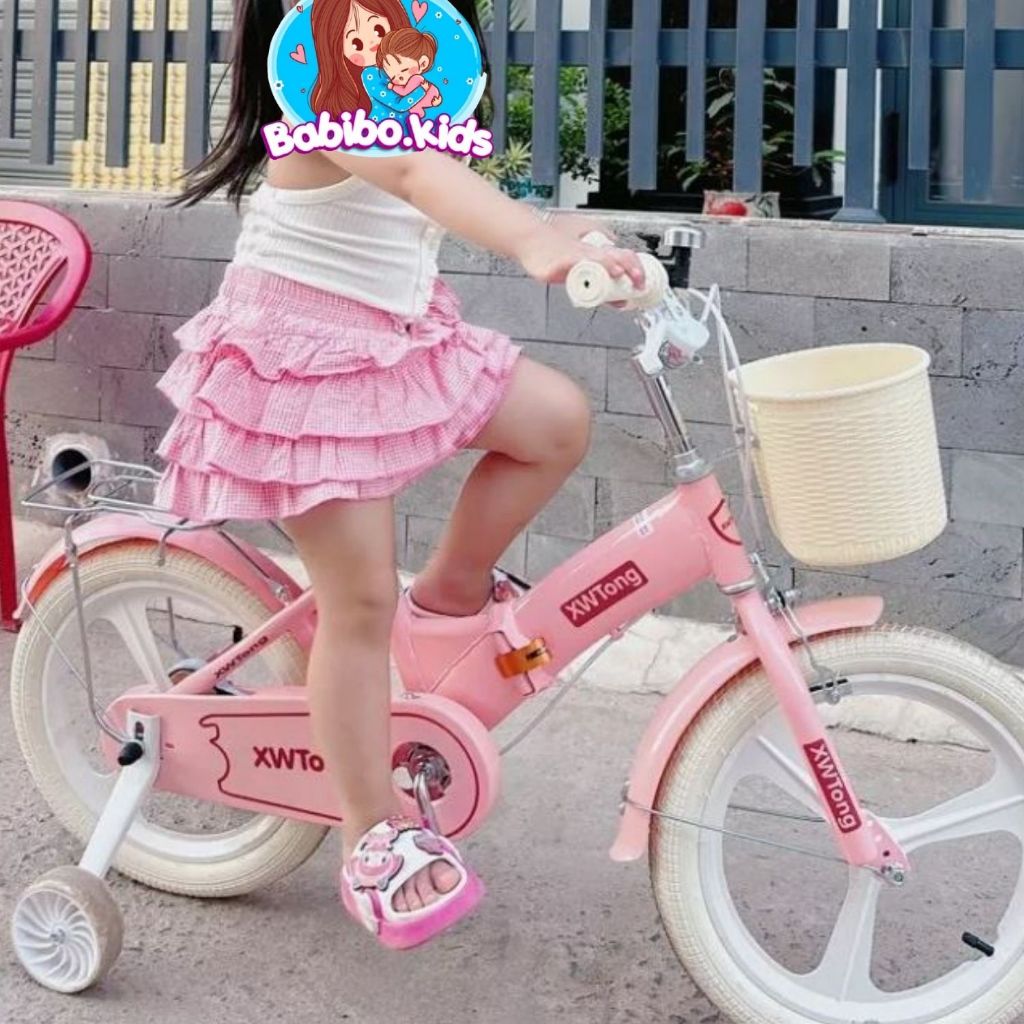 Xe đạp trẻ em, xe đạp Bé Gái BabiboKids Có Giỏ Mây Yên Da đủ 3 màu Xanh Hồng Kem Size 12-20