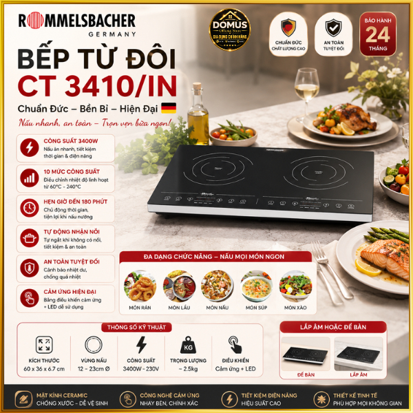 Bếp Từ Đôi Rommelsbacher CT 3410/IN 3400W | Mặt Kính Ceramic | Cảm Ứng LED | 10 Mức Nhiệt Chính Hãng