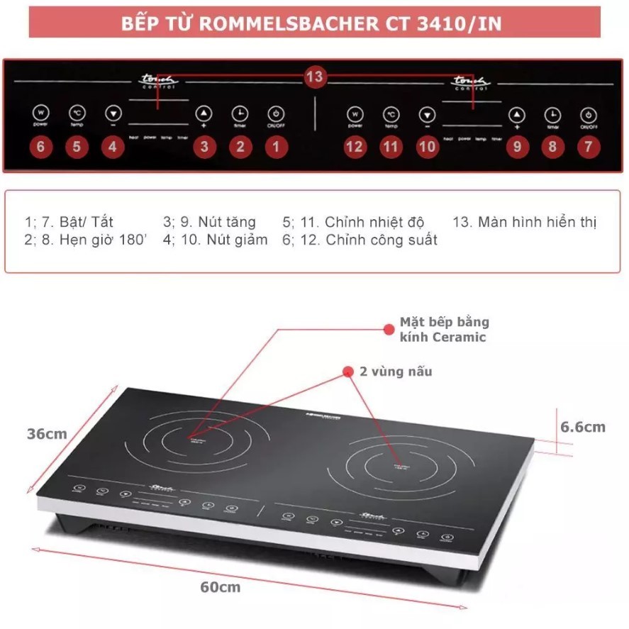 Bếp Từ Đôi Rommelsbacher CT 3410/IN 3400W | Mặt Kính Ceramic | Cảm Ứng LED | 10 Mức Nhiệt Chính Hãng