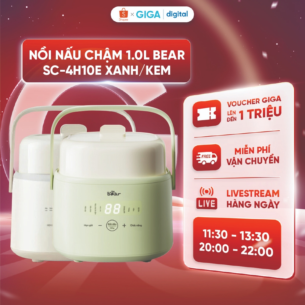 Nồi nấu chậm Bear SC-4H10E 1.0L - Giữ ấm 24h - Bảng điều khiển tiếng Việt - Nấu cháo/ súp, hấp, ninh/hầm