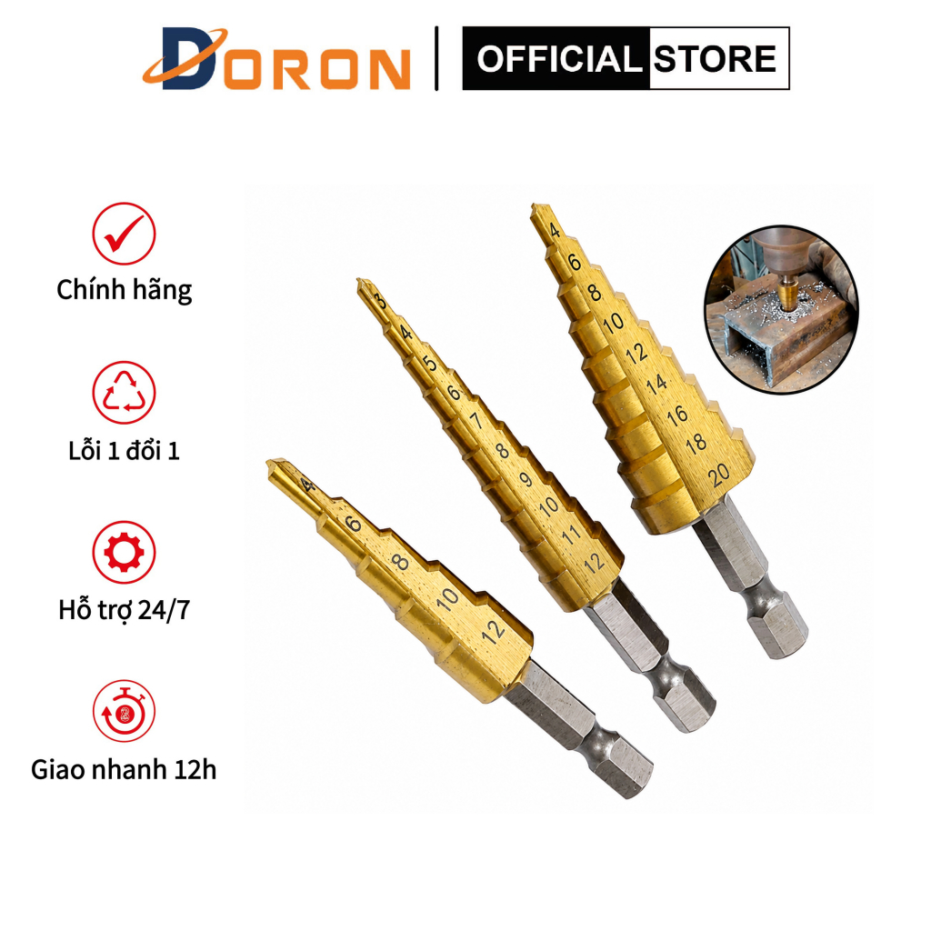 3 mũi khoan, Bộ 3 mũi khoan bước phủ titanium thép gió 4-20