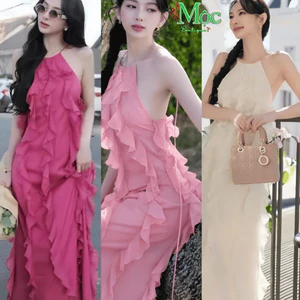 Đầm váy dài, đầm đi biển hè du lịch dáng dài Voan bèo cổ yếm buộc dây có mút ngực xinh sang (QC)