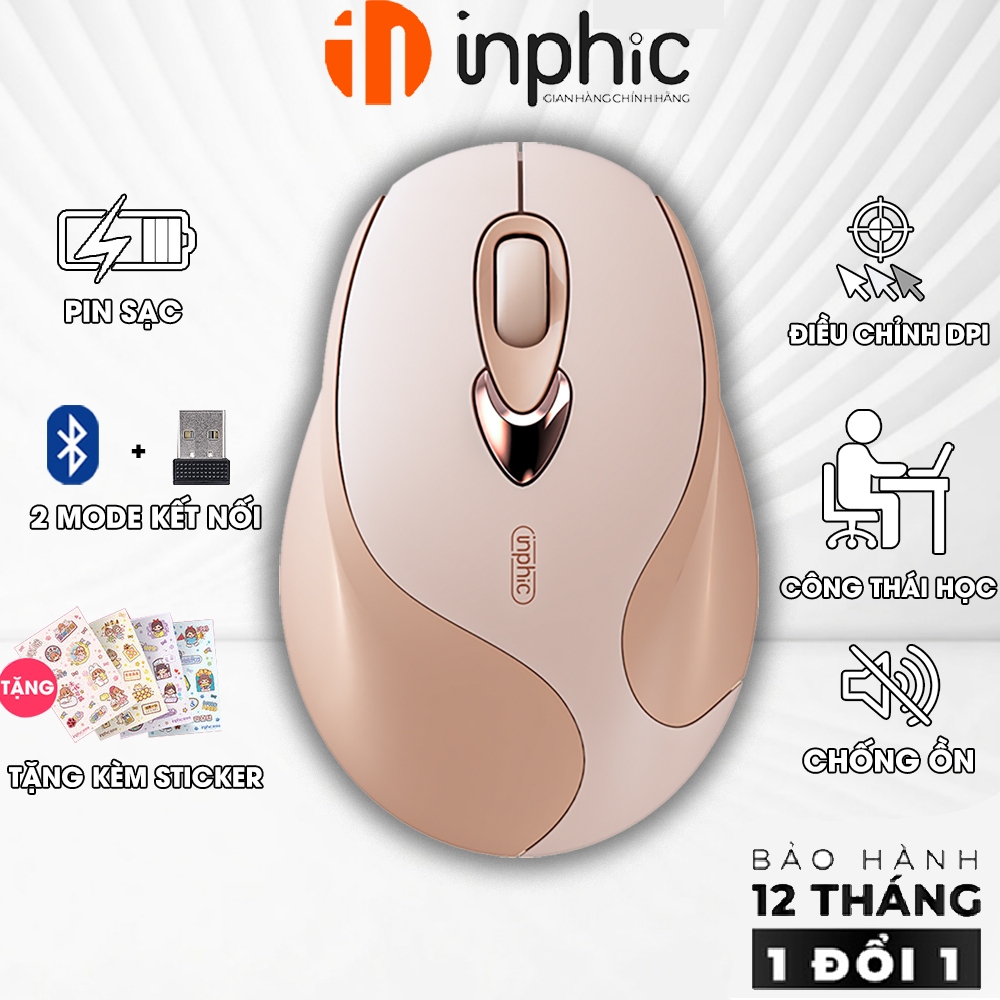 Chuột máy tính không dây INPHIC M8 màu hồng kiểu dáng độc lạ silent chống ồn pin sạc cho laptop
