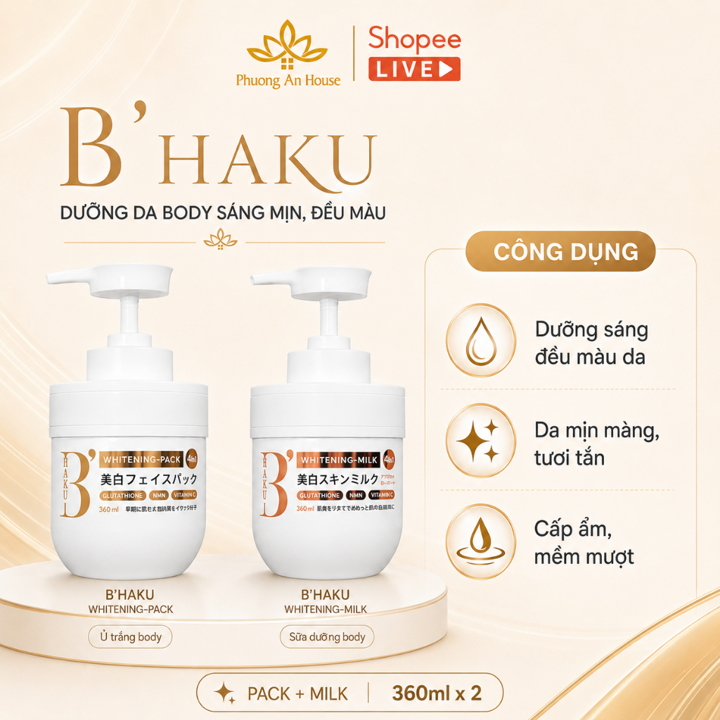Bộ Kem Ủ Trắng Sữa Dưỡng Thể Trắng Da B’Haku Whitening Pack/Milk Nhật Bản- Ủ Trắng, Phục Hồi Và Làm Sáng Da Toàn Diện
