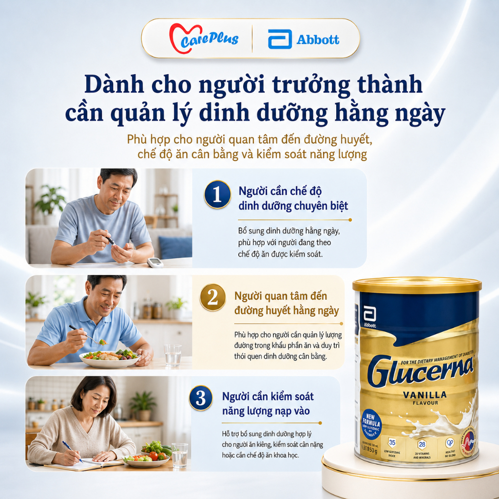【Combo 2 Lon】 Sữa Bột Glucerna Úc Abbott 850g Vị Vani GI Thấp Dành Cho Người Tiểu Đường HSD 2028