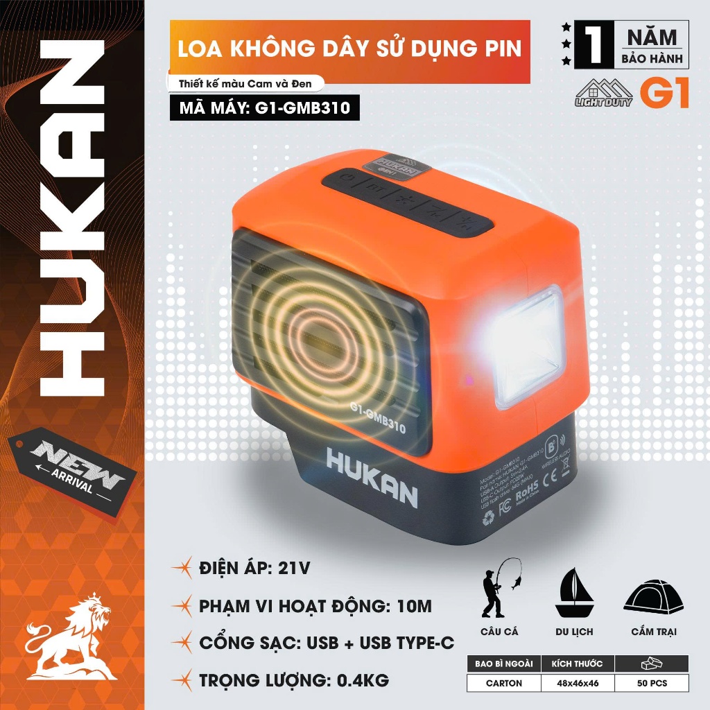 Thân Loa Bluetooth HUKAN ( GEN1) G1-GMB310 | Điện áp 21V |Sạc Nhanh PD20W | Đèn LED 3 Mức Kết Nối 10M Chính Hãng