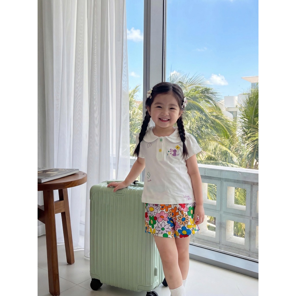 Set bộ cộc tay bé gái dáng cổ sen Miniumbaby mix quần/quần váy, chất vải áo cotton mềm mát SB2653