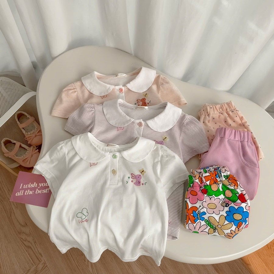 Set bộ cộc tay bé gái dáng cổ sen Miniumbaby mix quần/quần váy, chất vải áo cotton mềm mát SB2653