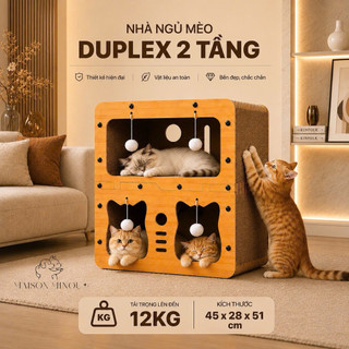 Nhà ngủ biệt thự 2 tầng cho mèo kết hợp bàn cào móng đa năng màu gỗ sồi