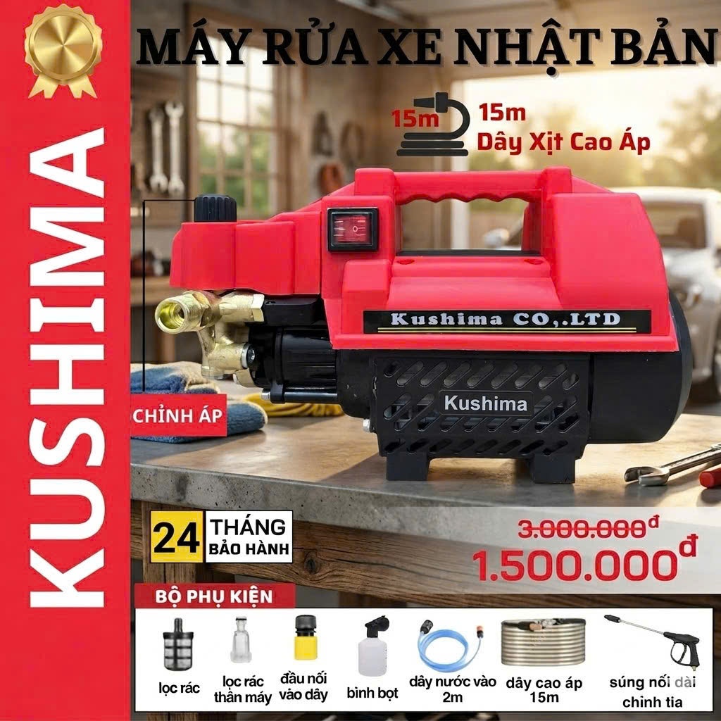 Máy rửa xe áp lực cao KUSHIMA AM39 - Công suất lớn, JP Technology, Tặng kèm bộ phụ kiện