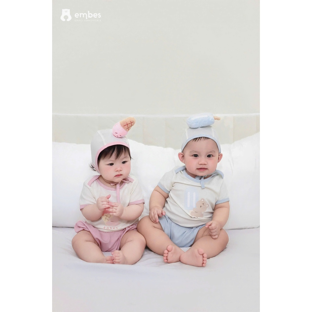 Bộ Cộc Sơ Sinh Embes, Bộ Cộc Tay In Hình Kèm Mũ Gắn Họa Tiết Cho Bé Trai Bé Gái Size Từ 0-9 Tháng