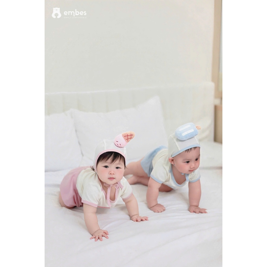 Bộ Cộc Sơ Sinh Embes, Bộ Cộc Tay In Hình Kèm Mũ Gắn Họa Tiết Cho Bé Trai Bé Gái Size Từ 0-9 Tháng