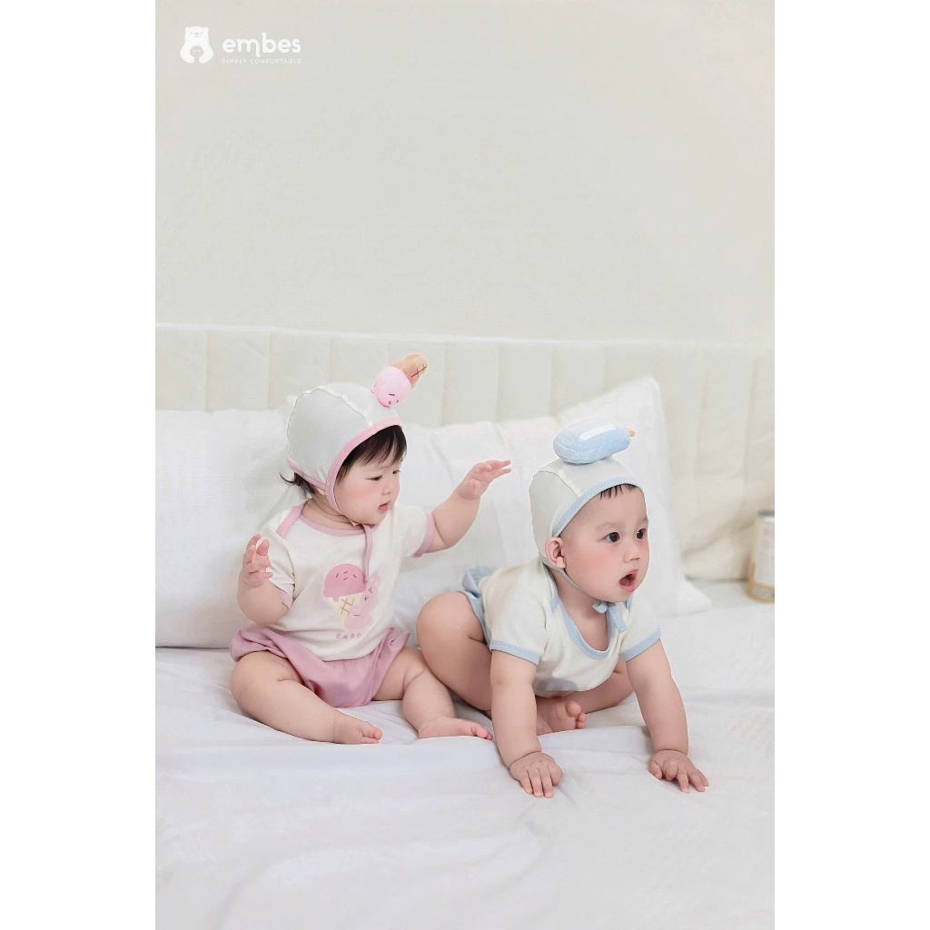 Bộ Cộc Sơ Sinh Embes, Bộ Cộc Tay In Hình Kèm Mũ Gắn Họa Tiết Cho Bé Trai Bé Gái Size Từ 0-9 Tháng