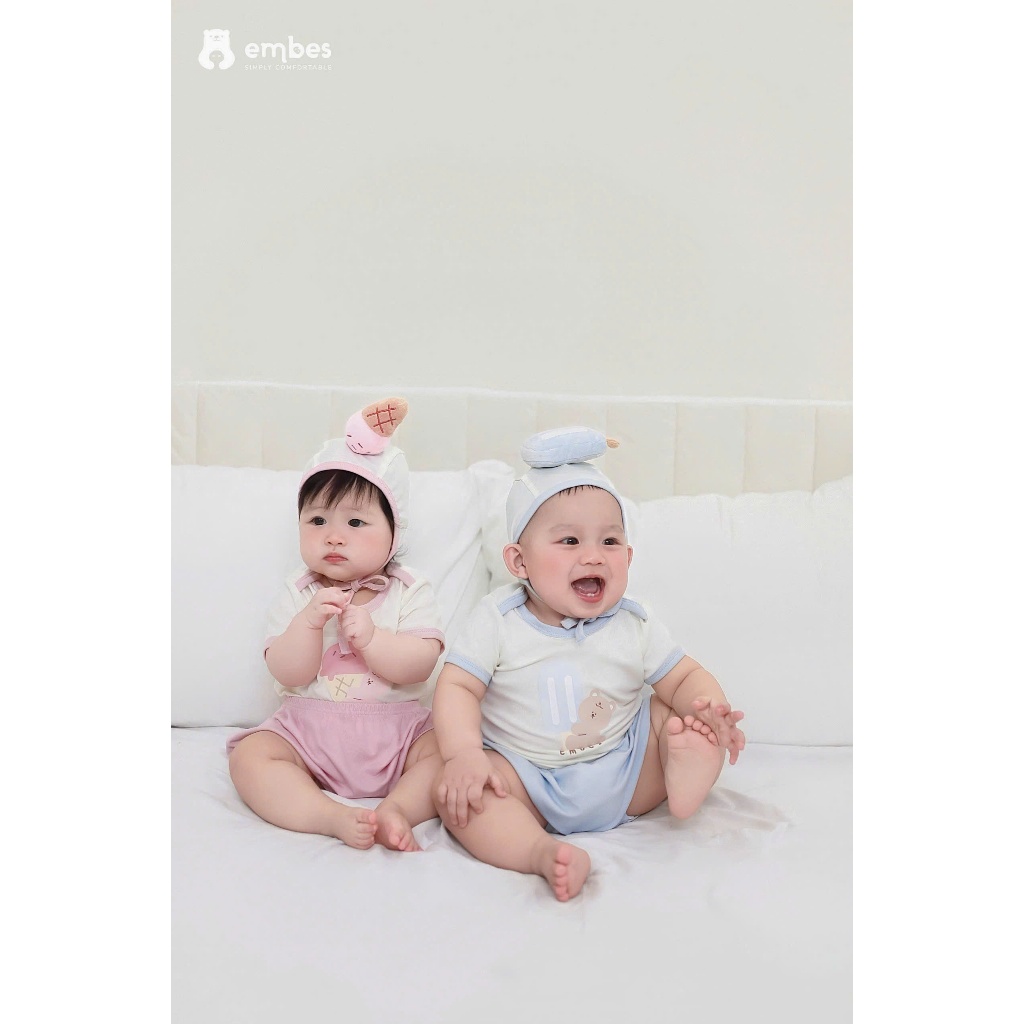 Bộ Cộc Sơ Sinh Embes, Bộ Cộc Tay In Hình Kèm Mũ Gắn Họa Tiết Cho Bé Trai Bé Gái Size Từ 0-9 Tháng