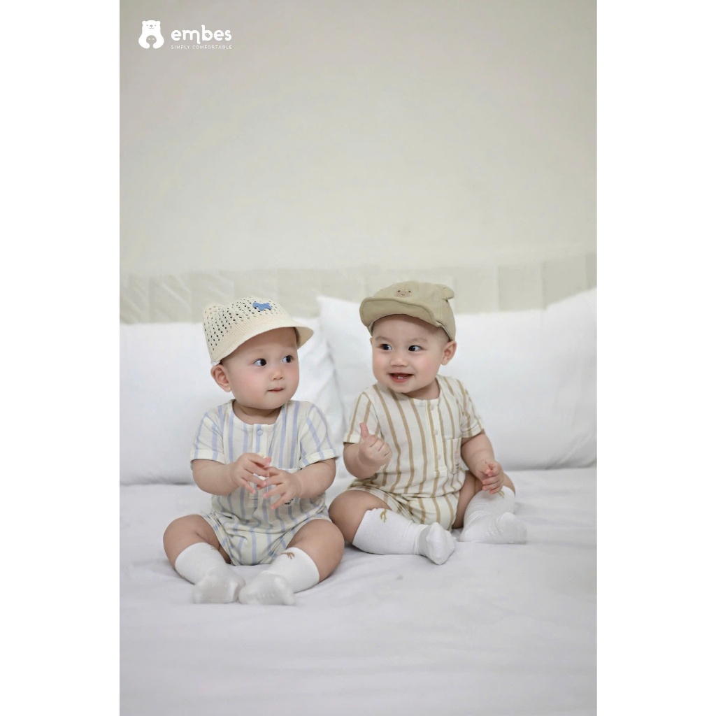 Body Cộc Cho Bé Embes, Body Cộc Tay Khuy Cổ Họa Tiết Kẻ Sọc Phối Túi Cho Bé Trai Bé Gái Từ 0-9 Tháng