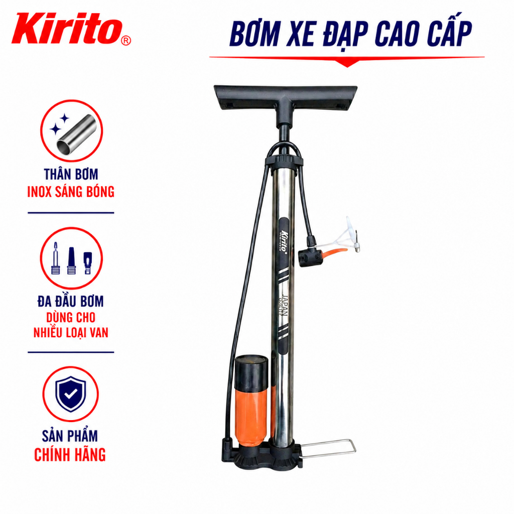 Bơm Xe Đạp Kirito Thân Inox 38mm Dài 60cm, Bơm Tay Đa Năng Cho Xe Đạp, Xe Máy, Bóng Đá, Bóng Hơi