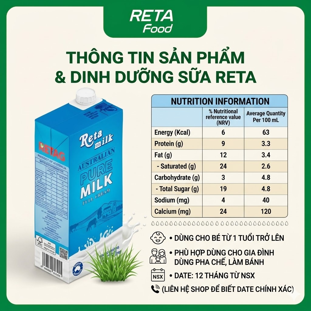 Sữa Tươi Tiệt Trùng Reta Milk Không Đường 1L - Thùng 12 Hộp - Sữa Bò Tươi Nguyên Kem - Nhập Khẩu Úc - [Date 27/10/2026]