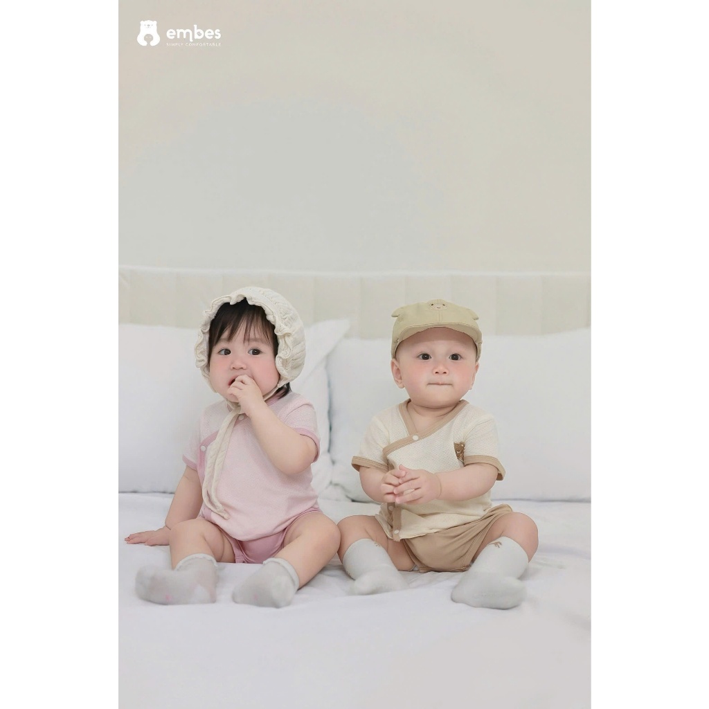 Bộ Cộc Sơ Sinh Embes, Bộ Cộc Tay Cài Chéo Thêu Hình Chất Thông Hơi Cho Bé Trai Bé Gái Từ 0-9 Tháng