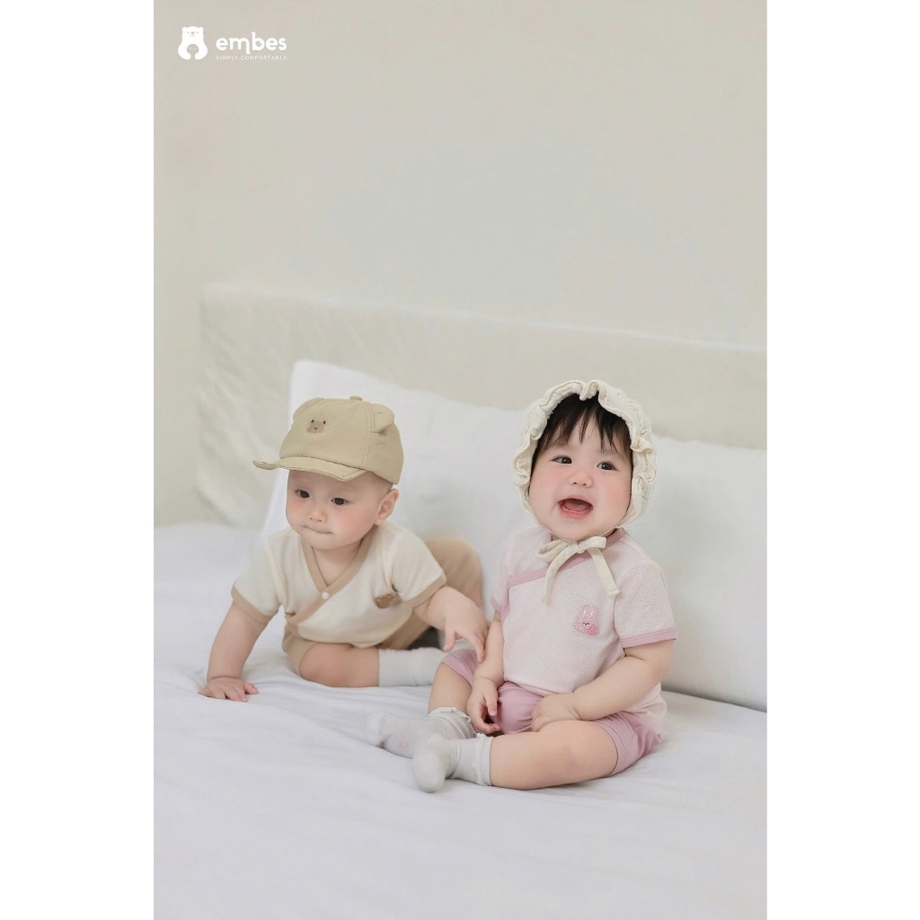 Bộ Cộc Sơ Sinh Embes, Bộ Cộc Tay Cài Chéo Thêu Hình Chất Thông Hơi Cho Bé Trai Bé Gái Từ 0-9 Tháng