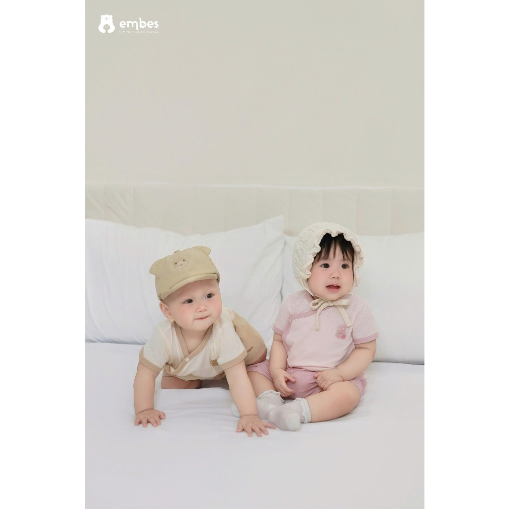 Bộ Cộc Sơ Sinh Embes, Bộ Cộc Tay Cài Chéo Thêu Hình Chất Thông Hơi Cho Bé Trai Bé Gái Từ 0-9 Tháng