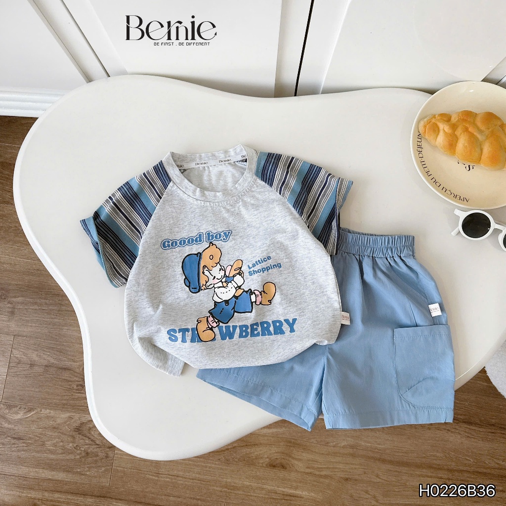 (Hãng Bernie)Bộ quần áo hè cộc tay GOOD BOY phối viền tay cổ chất vải cotton co giãn phối quần kaki mềm mại cho bé