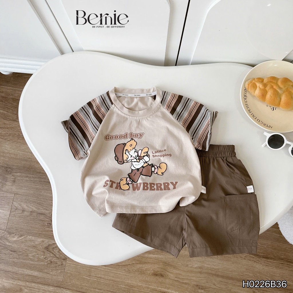 (Hãng Bernie)Bộ quần áo hè cộc tay GOOD BOY phối viền tay cổ chất vải cotton co giãn phối quần kaki mềm mại cho bé