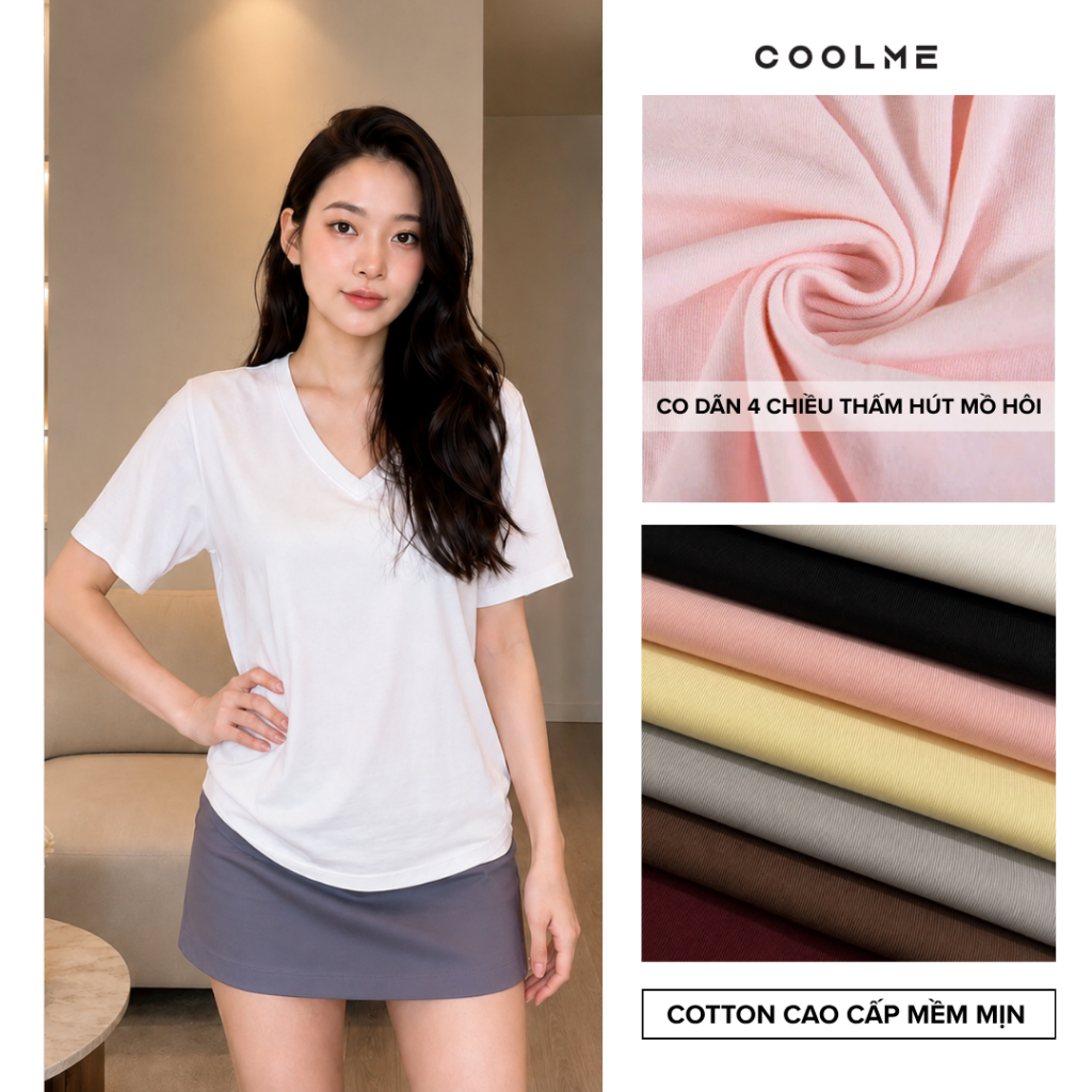 Áo cổ tim nữ trơn form rộng basic Coolme chất cotton mềm mát co giãn 4 chiều thấm hút mồ hôi mặc hè -G16 | BigBuy360 - bigbuy360.vn