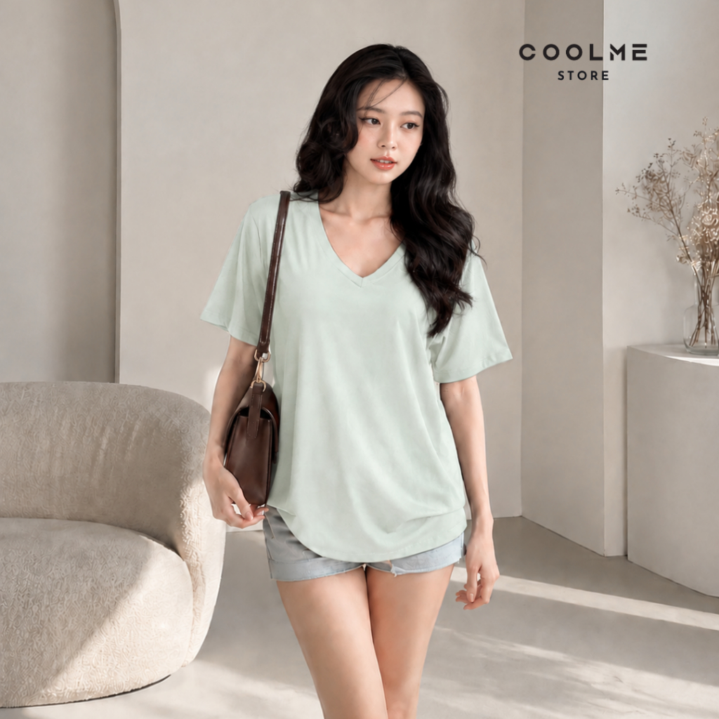 Áo cổ tim nữ trơn form rộng basic Coolme chất cotton mềm mát co giãn 4 chiều thấm hút mồ hôi mặc hè -G16 | BigBuy360 - bigbuy360.vn