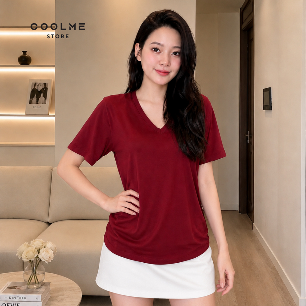 Áo cổ tim nữ trơn form rộng basic Coolme chất cotton mềm mát co giãn 4 chiều thấm hút mồ hôi mặc hè -G16 | BigBuy360 - bigbuy360.vn