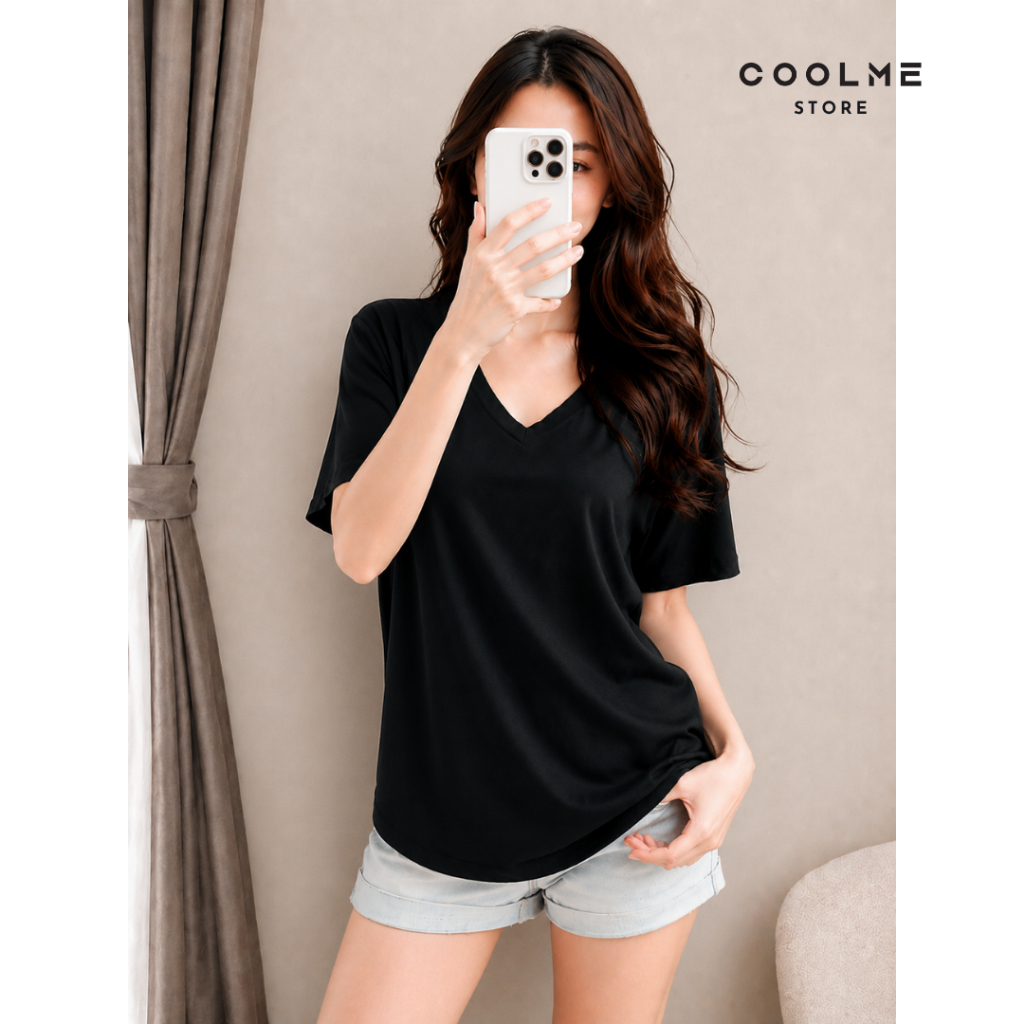 Áo cổ tim nữ trơn form rộng basic Coolme chất cotton mềm mát co giãn 4 chiều thấm hút mồ hôi mặc hè -G16 | BigBuy360 - bigbuy360.vn