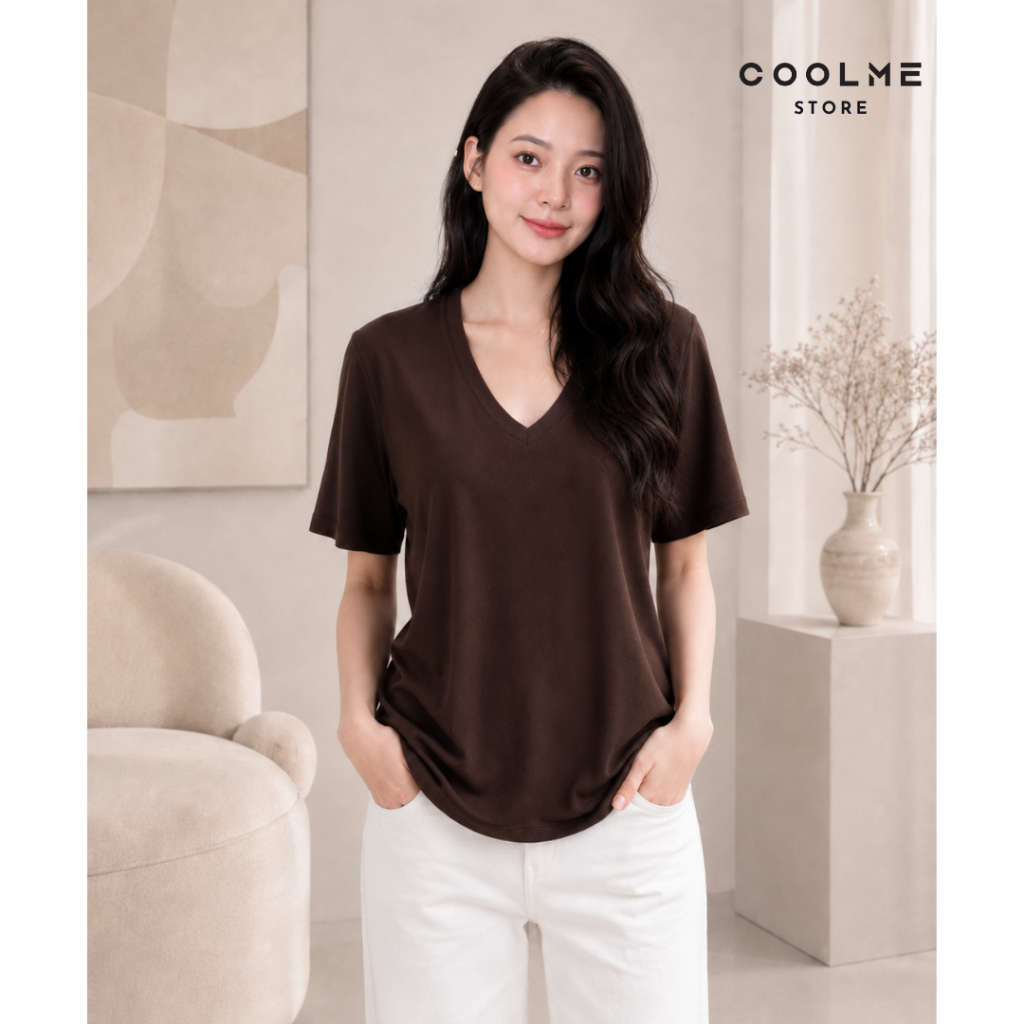 Áo cổ tim nữ trơn form rộng basic Coolme chất cotton mềm mát co giãn 4 chiều thấm hút mồ hôi mặc hè -G16 | BigBuy360 - bigbuy360.vn