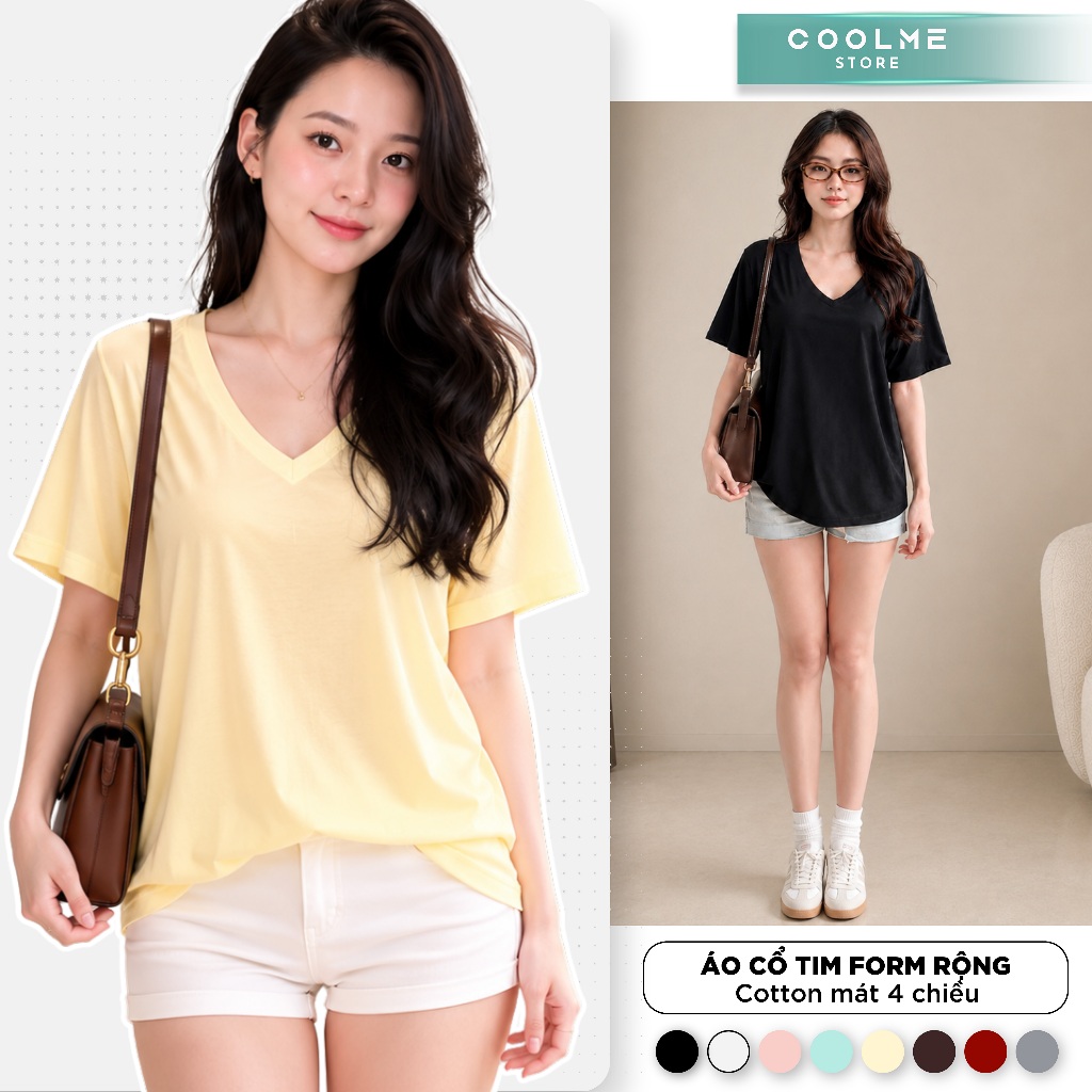 Áo cổ tim nữ trơn form rộng basic Coolme chất cotton mềm mát co giãn 4 chiều thấm hút mồ hôi mặc hè -G16 | BigBuy360 - bigbuy360.vn