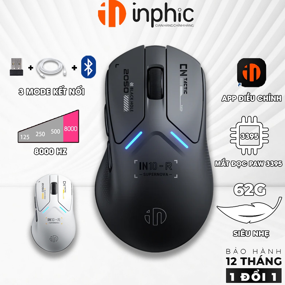 Chuột không dây bluetooth INPHIC IN10R gaming 8000hz 3 mode có app led nhẹ PAW3395 cho game thủ | BigBuy360 - bigbuy360.vn