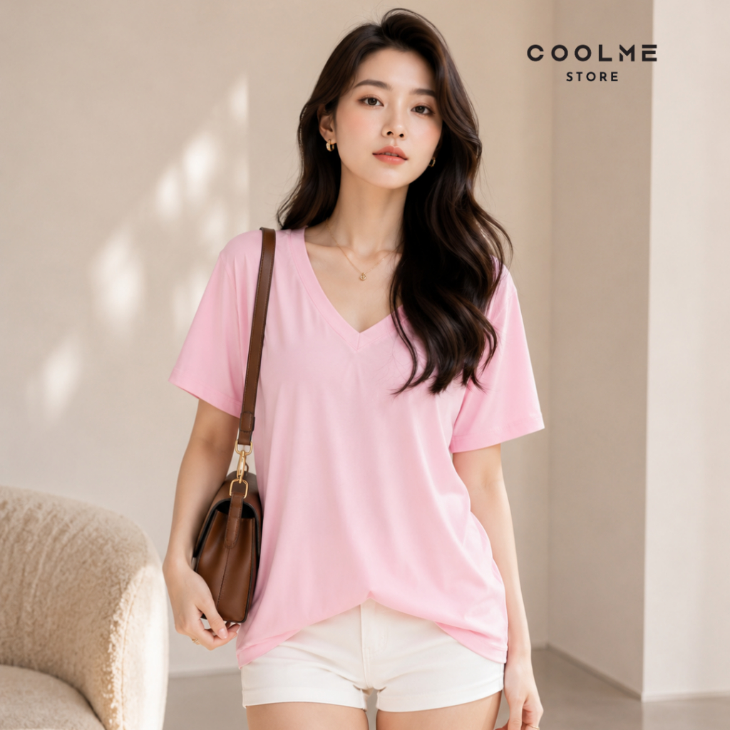 Áo cổ tim nữ trơn form rộng basic Coolme chất cotton mềm mát co giãn 4 chiều thấm hút mồ hôi mặc hè -G16 | BigBuy360 - bigbuy360.vn